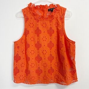 J Crew Eyelet Fleur Top Womens Large Orange Ruffle Neck See Through Cotton Blend